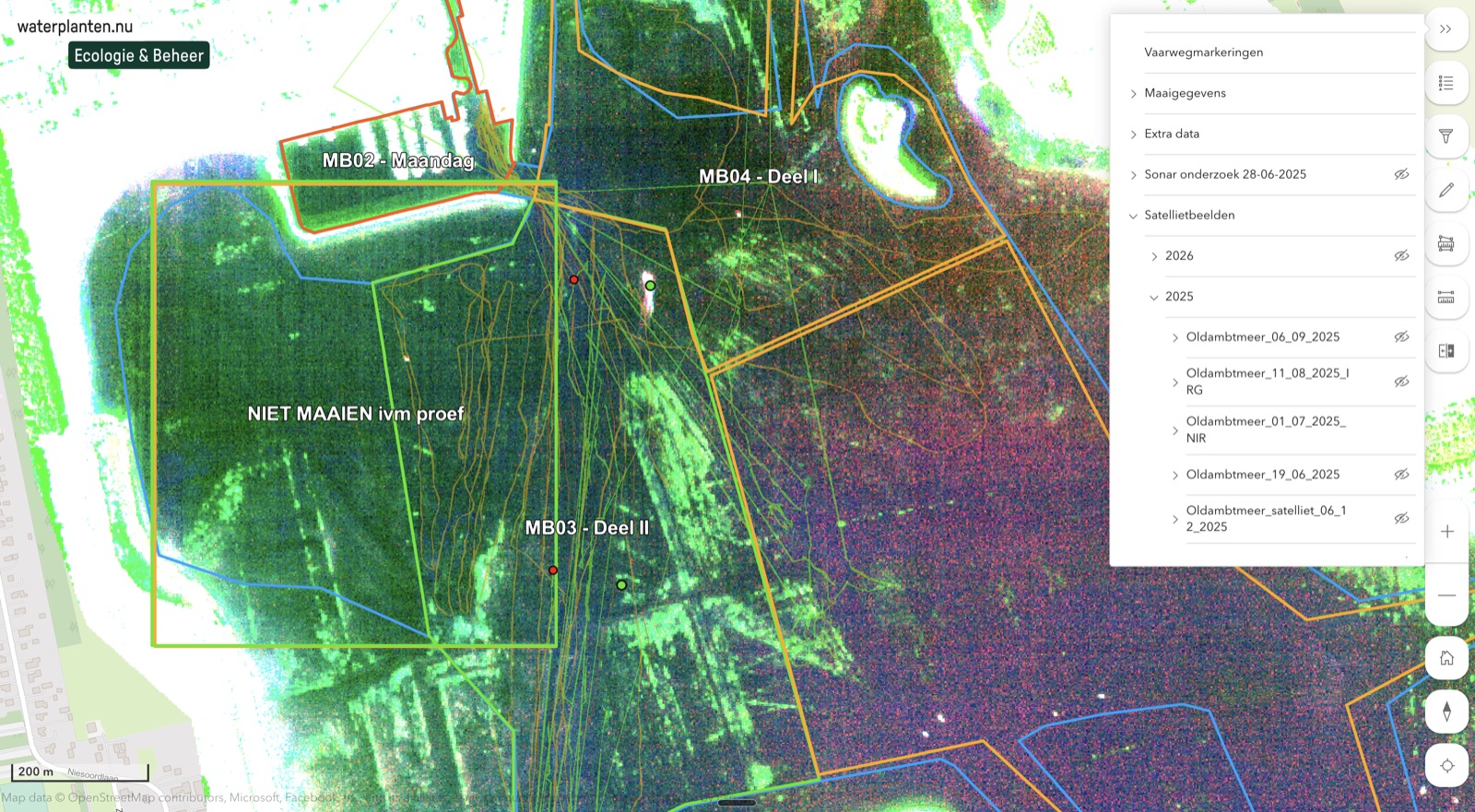 Beheer-app: satellietkaart van het Oldambtmeer met maaivakken en onderzoekslagen